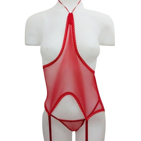Corset De Tul Sin Tazas Con Portaligas Y Tanga Rojo