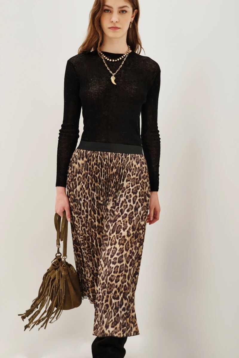 Falda Pleats Midi Leopard Marron