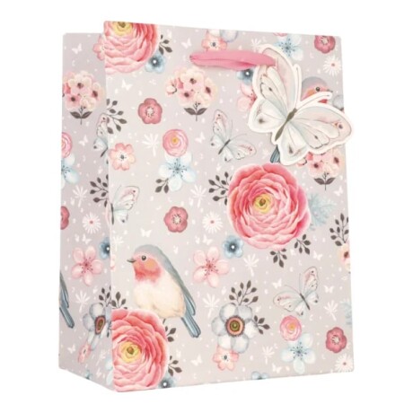 Bolsa Top Mediana Flores Rosadas y Ave