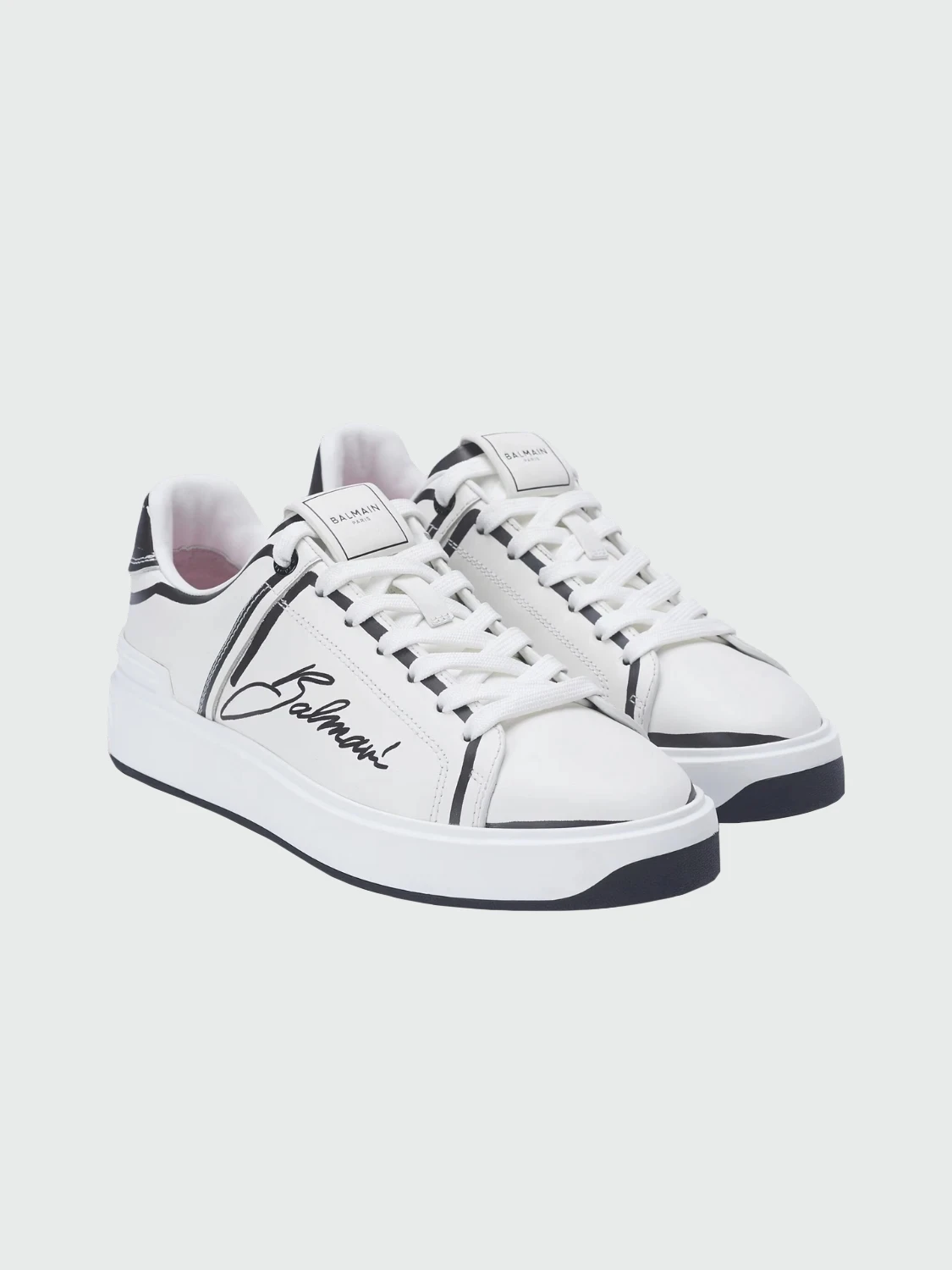 Balmain - Championes acordonados de cuero estampados, B-Court Blanco