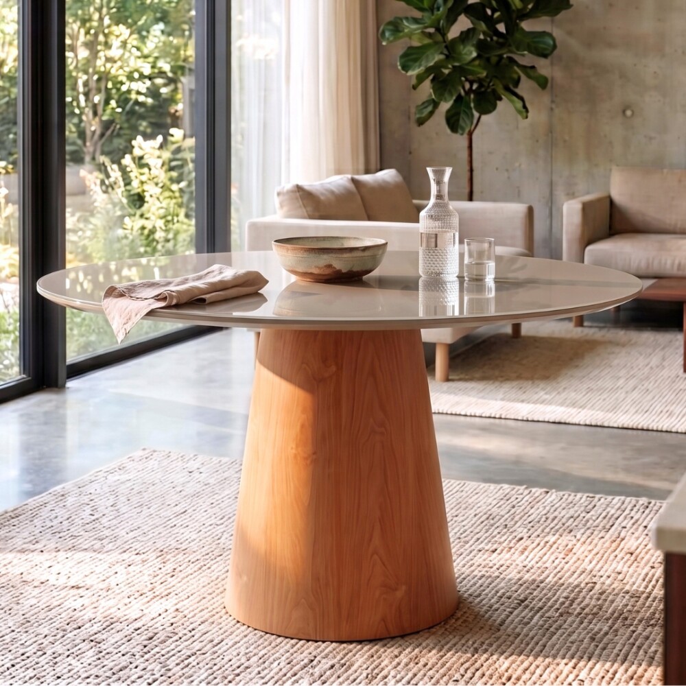 Mesa de Comedor Redonda 1.2 - Zara Vidrio - Blanco/Marrón