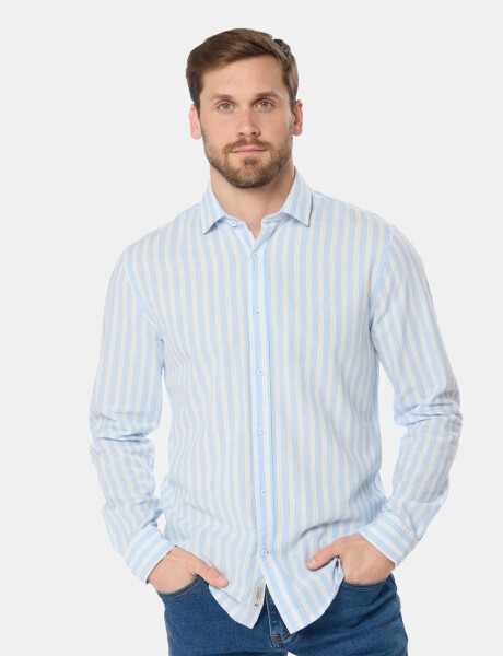 CAMISA RAYADA DE LINO Celeste
