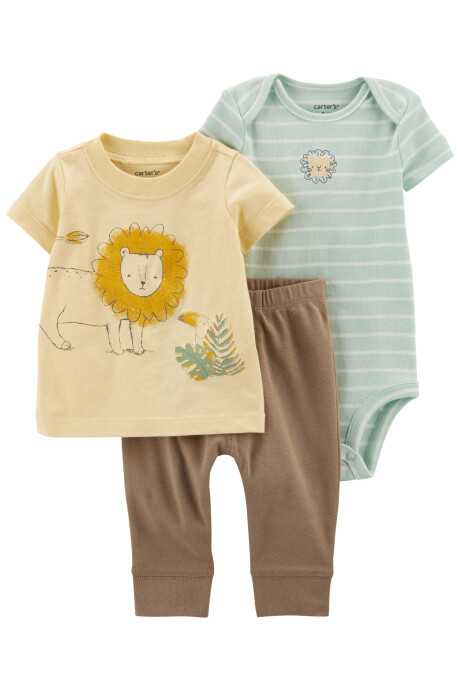Set tres piezas pantalón, remera y body de algodón estampa león Set tres piezas pantalón, remera y body de algodón estampa león