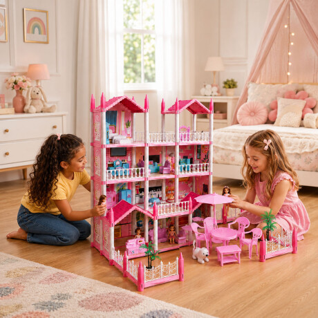 Casa De Muñecas 3 Pisos Varios Espacios Muebles Y Accesorios Rosa