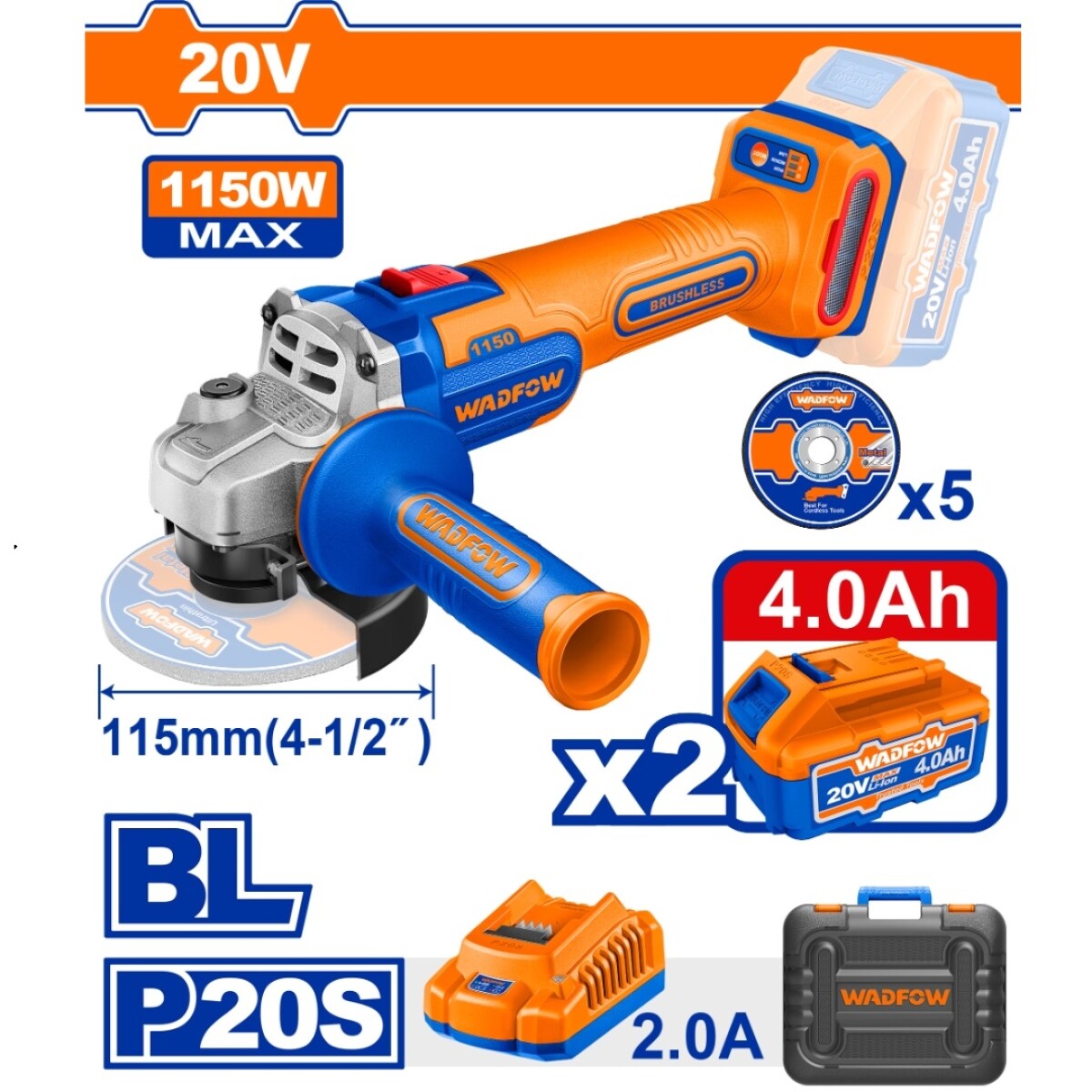 AMOLADORA 115MM A BATERIA 20V + 2 BAT 4.0AH + CARGADOR + 5 D - AZUL-NARANJA 