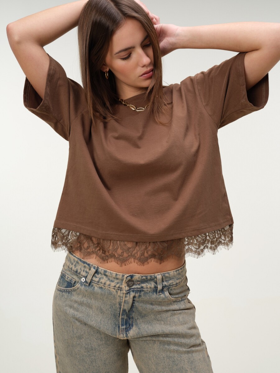 Remera Boxy Algodón Encaje - Marron 
