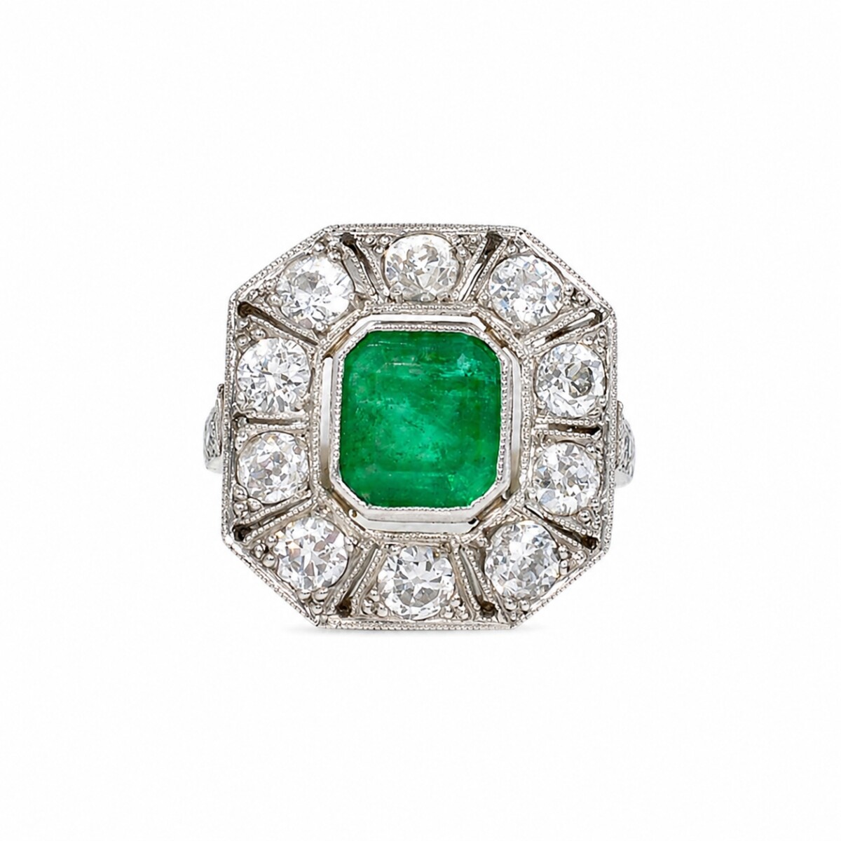Anillo Platino con brillantes tallado antiguo y esmeralda 