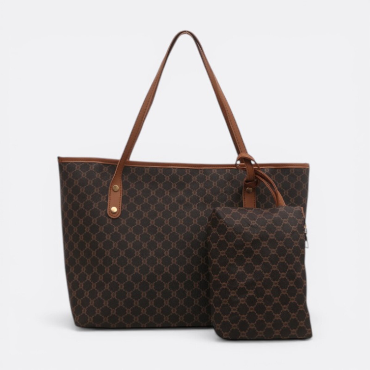 Cartera Tote Con Diseño Trama Imperial Incluye Neceser - Marrón Oscuro 