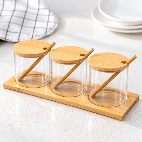 Juego de 3 Porta Condimentos con Base de Bambú Juego de 3 Porta Condimentos con Base de Bambú
