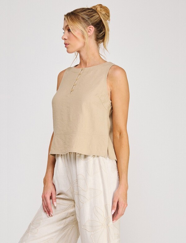 Blusa De Lino Sin Mangas Con Botones BEIGE