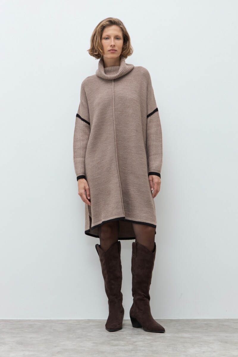 Vestido tejido cuello volcado - tostado melange 