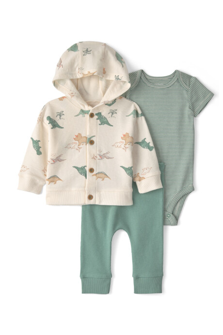 Set tres piezas de algodón, pantalón, body y saco con capucha, verde y marfil, diseño dinos Set tres piezas de algodón, pantalón, body y saco con capucha, verde y marfil, diseño dinos