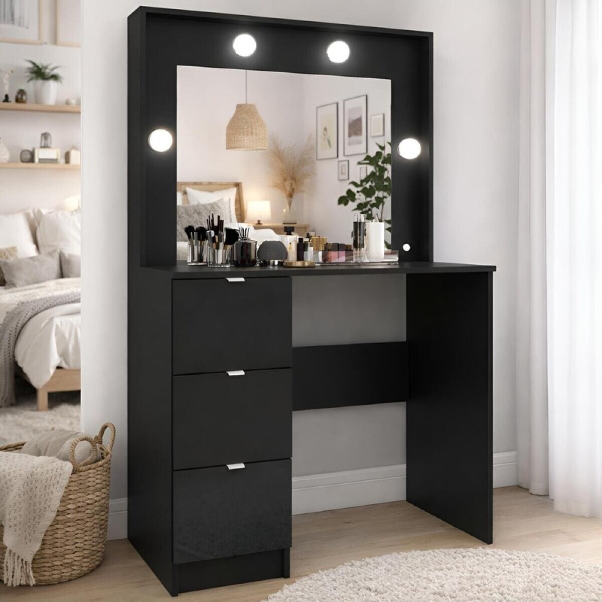 Tocador de Maquillaje Vanity con Espejo 3 Cajones y Porta Lámparas - Negro 