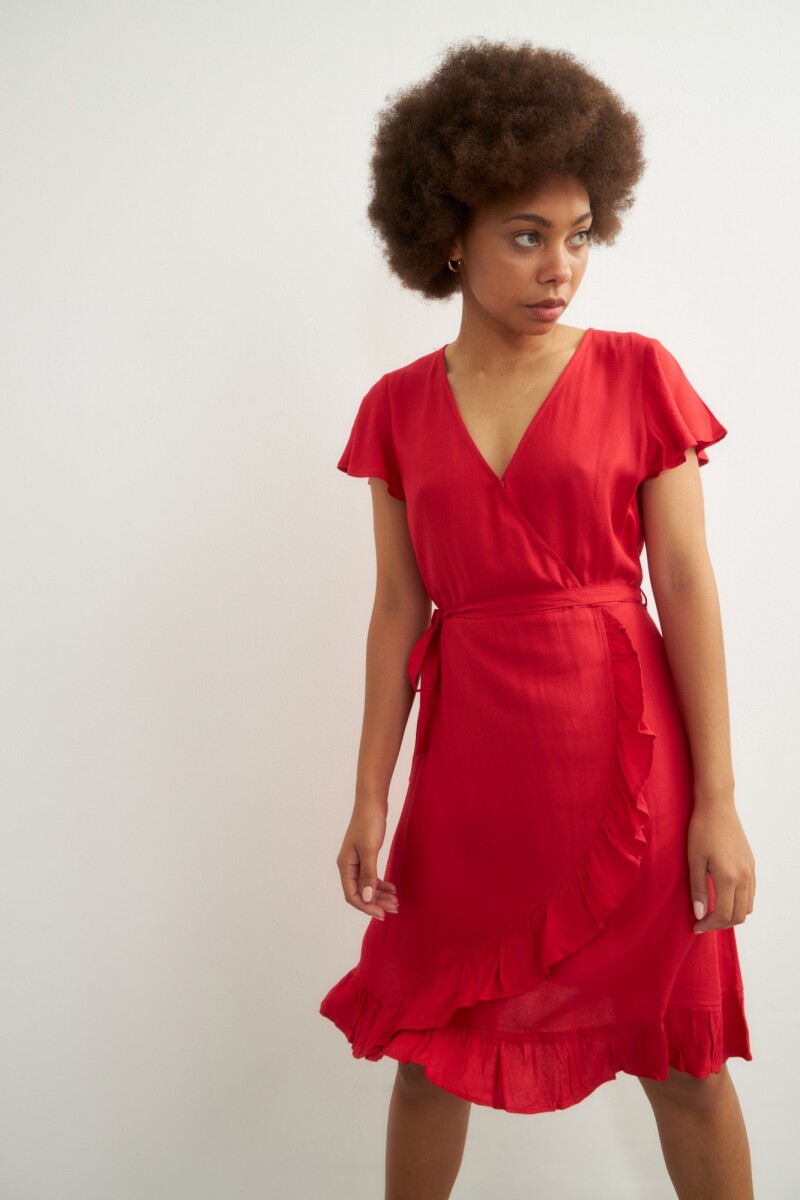 Vestido cruzado con volados rojo