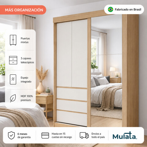 Ropero Armario Bagdá MDF 100% Premium Puertas Mixtas 2 Batientes y 1 Corrediza 3 Cajones y Espejo - Castaño Off White Ropero Armario Bagdá MDF 100% Premium Puertas Mixtas 2 Batientes y 1 Corrediza 3 Cajones y Espejo - Castaño Off White