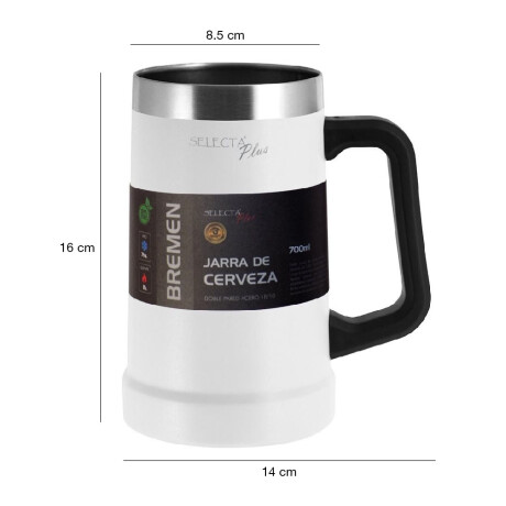 Jarra Térmica de Cerveza c/Asa 700Ml Acero Inox Doble Pared Blanco