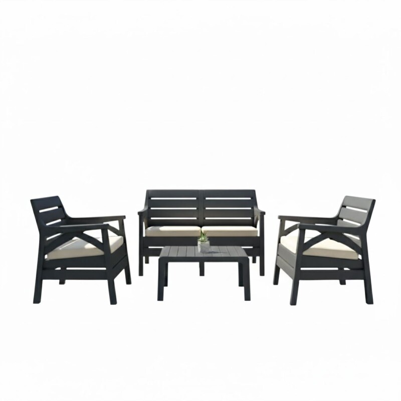 Juego Santana de jardín 3 sillones con almohadones + mesa GRIS