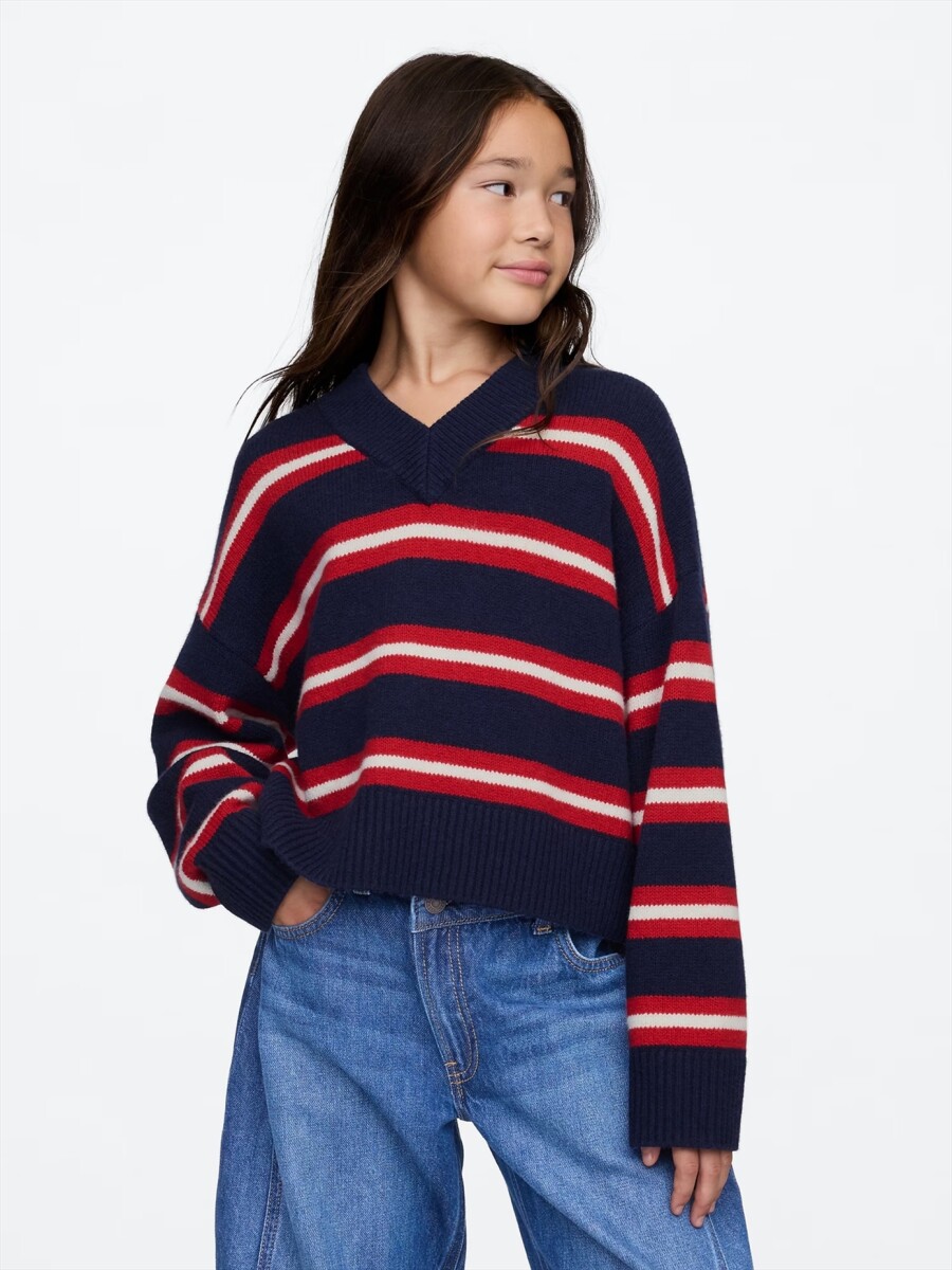 Buzo Cashsoft Cuello V Niña - Navy Red Stripe 