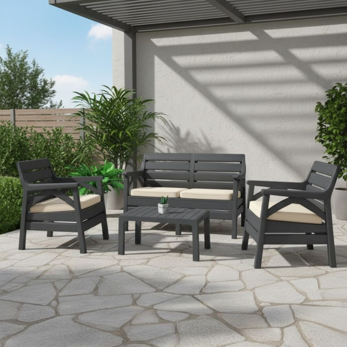 Juego Santana de jardín 3 sillones con almohadones + mesa - GRIS 