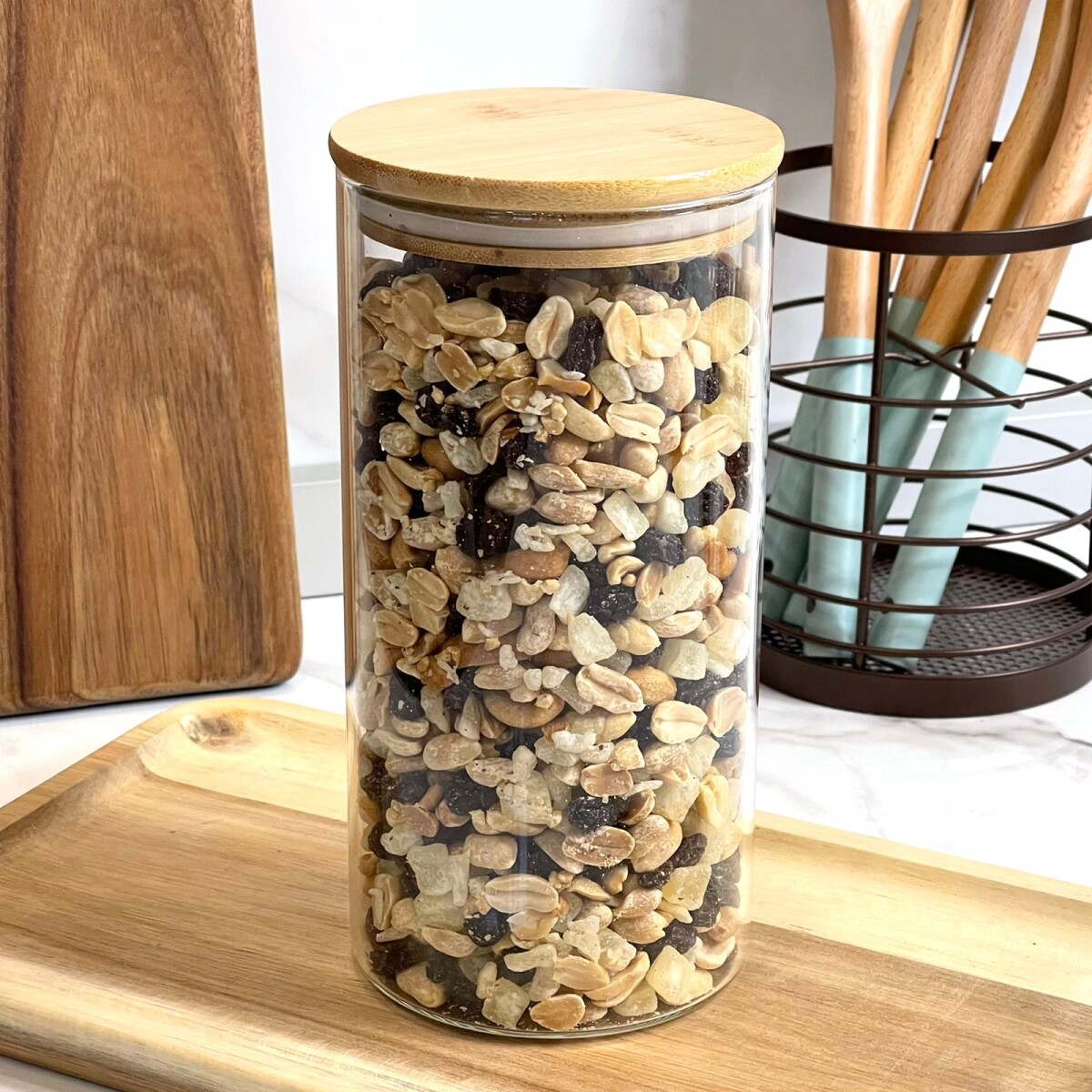 Recipiente Hermético Multiuso Vidrio C/Tapa Bambú 1400ml (Alto 20cm x Ø 10cm) 