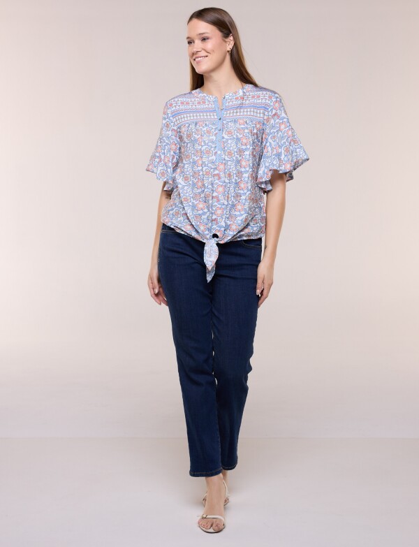 Blusa Boho Con Nudo Y Manga Mariposa MULTI/AZUL