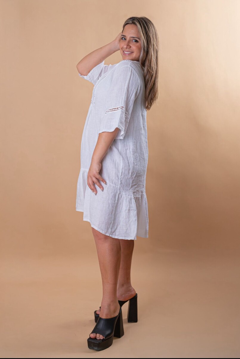 Vestido 100% lino con broderie - Blanco 