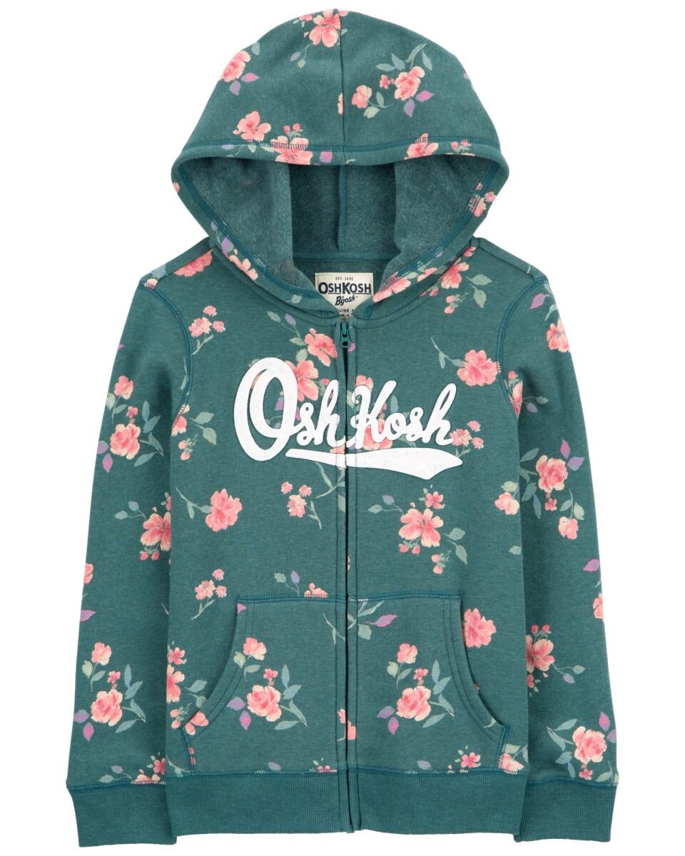 Campera de algodón, con capucha y logo, diseño floral. Talles 6-14 