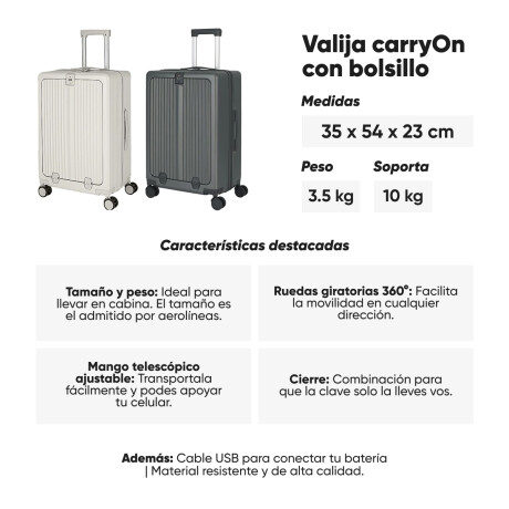 Valija Carry on rígida con bolsillo exterior Gris
