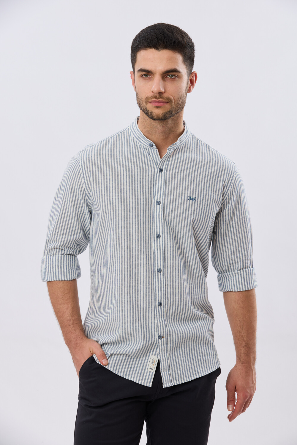 CAMISA RAYADA DE LINO CUELLO MAO Denim