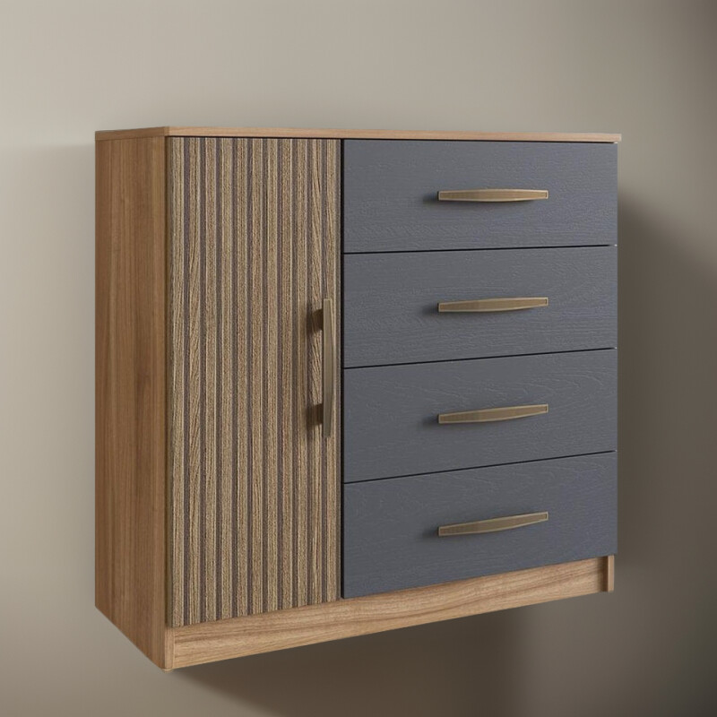 Cómoda Cajonera 4 Cajones 1 Puerta Mdp Premium Nogal ripado / Grafito Cómoda Cajonera 4 Cajones 1 Puerta Mdp Premium Nogal Ripado / Grafito