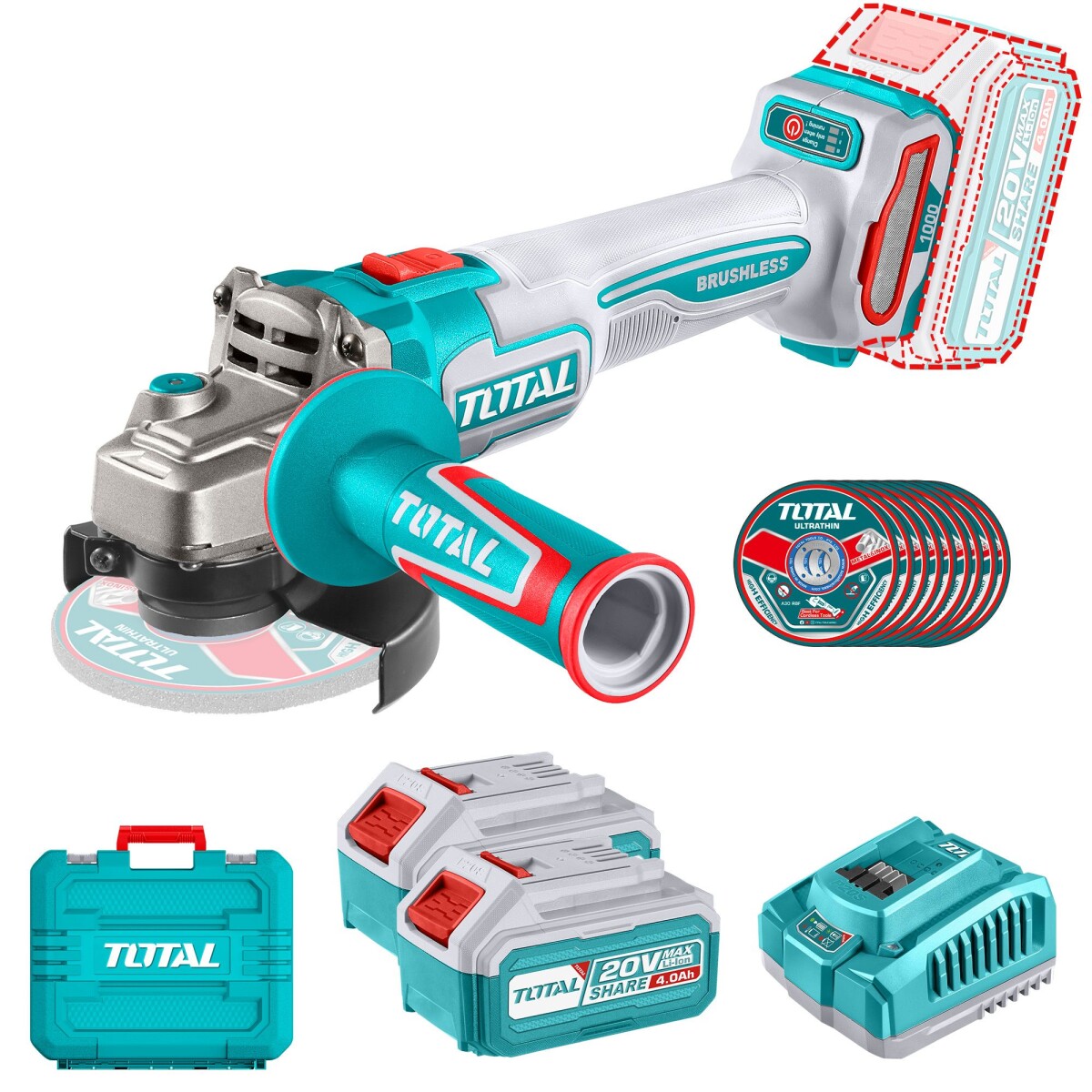 Amoladora Angular 4.1/2" Inalámbrica Sin Carbones 20v - 2 Baterías 4.0Ah 