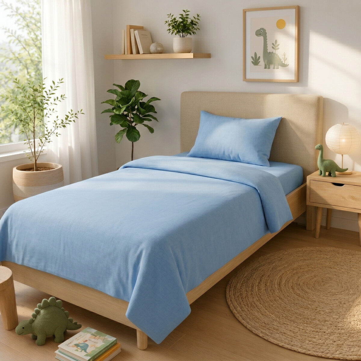 Juego De Sabanas 1 Plaza Toque Algodón Sommier Infantil - Azul Celeste 