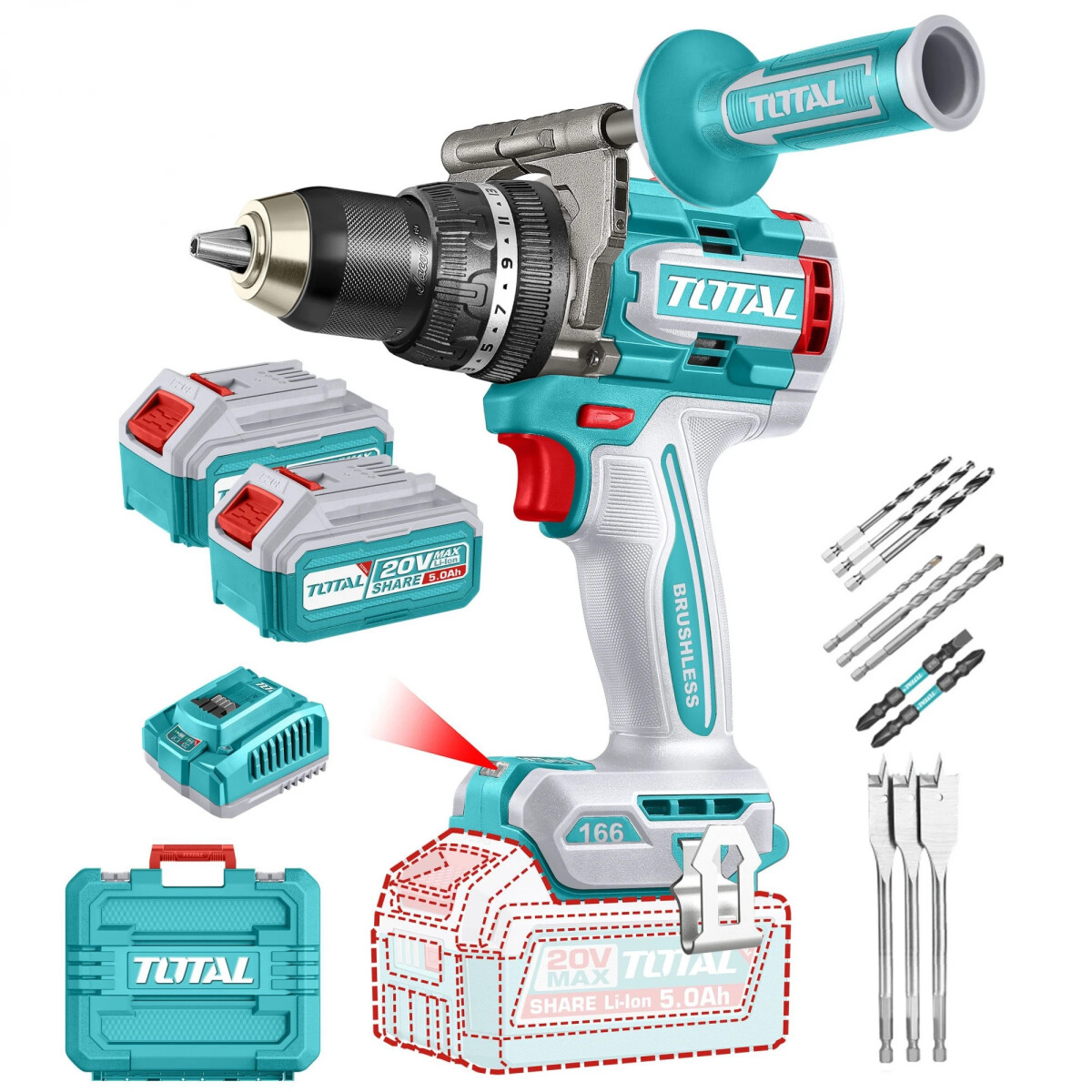 Taladro Atornillador Total 20v 166 Nm C/ 2 Bat + Cargad TIDLI201668 