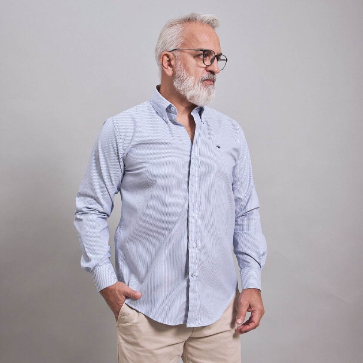CAMISA OXFORD - BLANCO RAYA AZUL 