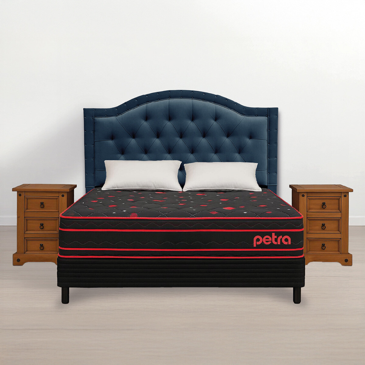 Juego De Dormitorio Sommier Mesa De Luz Respaldo Almohada Azul 