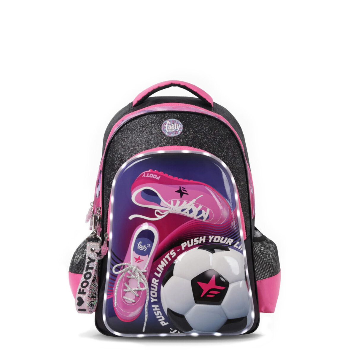 Mochila Footy Futbol Relieve 18" - Negro - Fucsia 