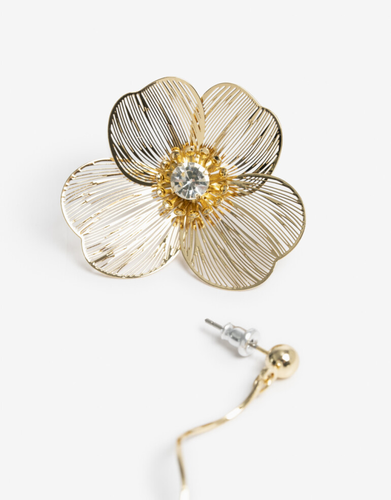 Aros Colgantes Largos Metal Aros Colgantes Flores - Dorado