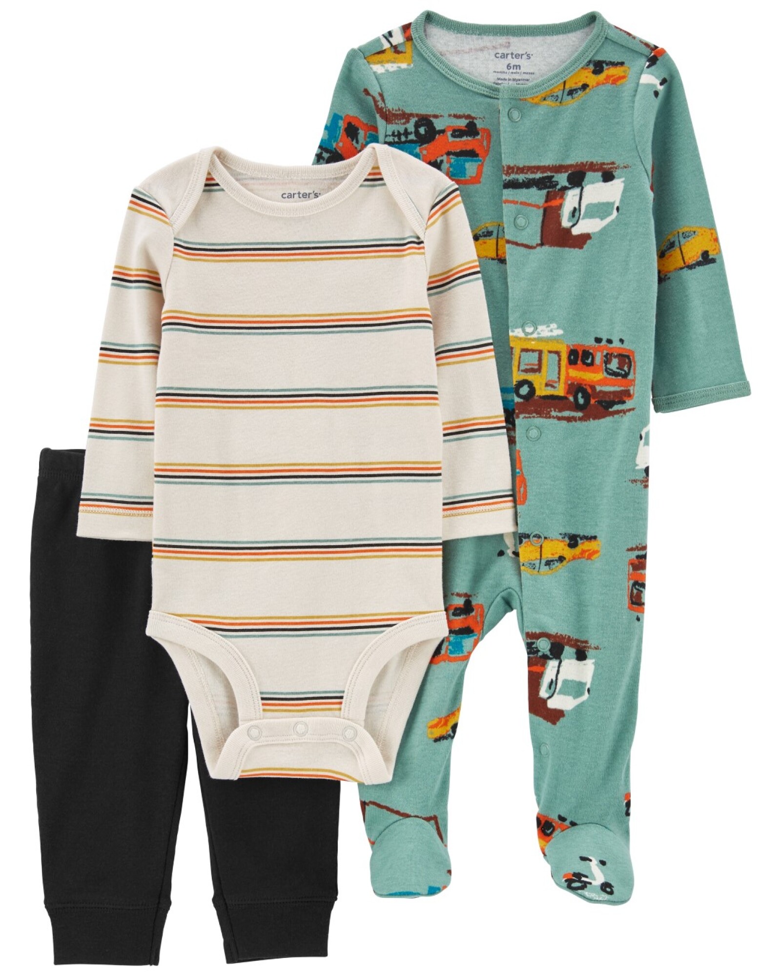 Set tres piezas pijama con pie, pelele y body de algodón Sin color