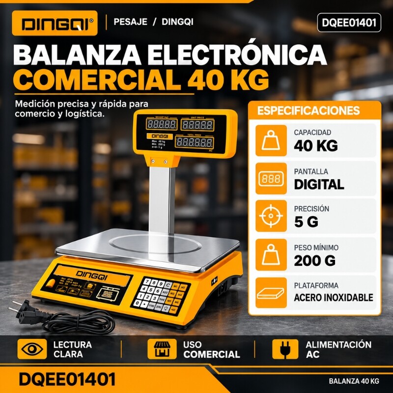 DINGQI BALANZA COMERCIAL DIGITAL PREMIUM VISOR ELEVADO 2 GRS - 40 KILOS Dingqi Balanza Comercial Digital Premium Visor Elevado 2 Grs - 40 Kilos