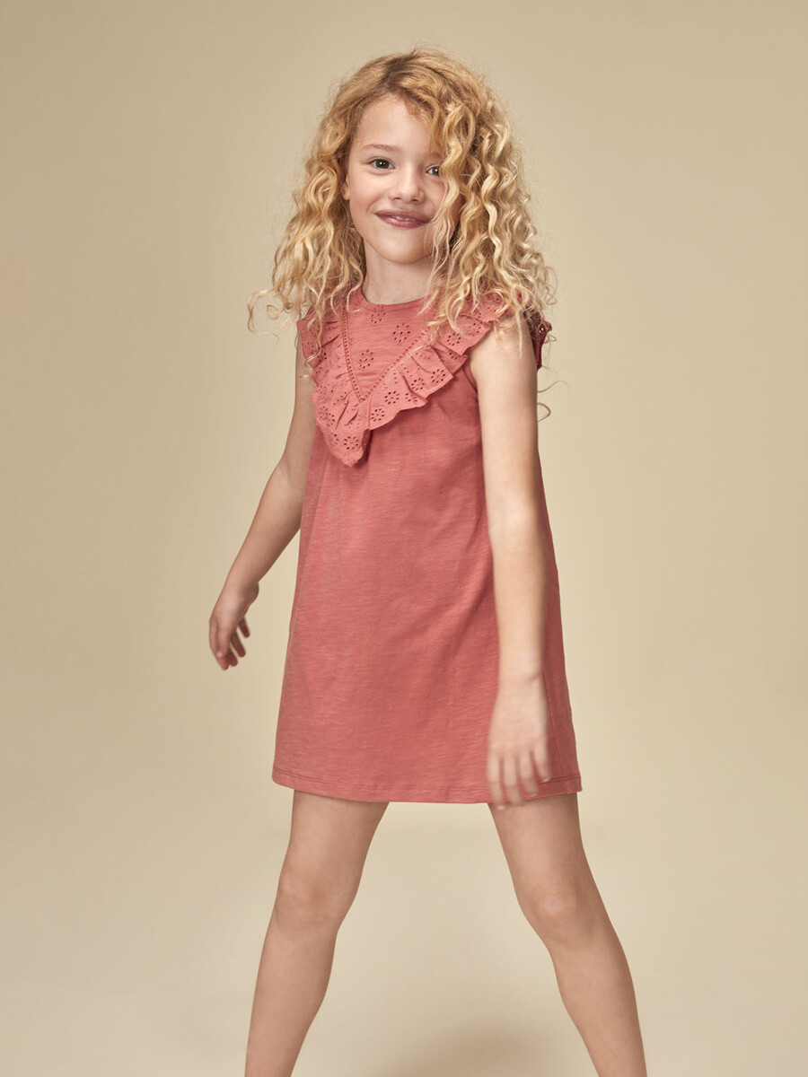 Vestido De Punto Con Tiras Bordadas Coral Claro