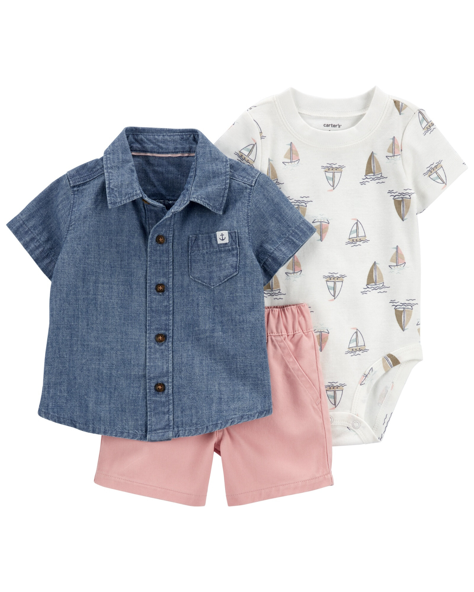 Set tres piezas short, camisa jean y body de algodón Set tres piezas short, camisa jean y body de algodón