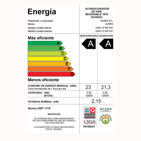 Aire Acondicionado James AAM12INFINV 12000 BTU Inverter