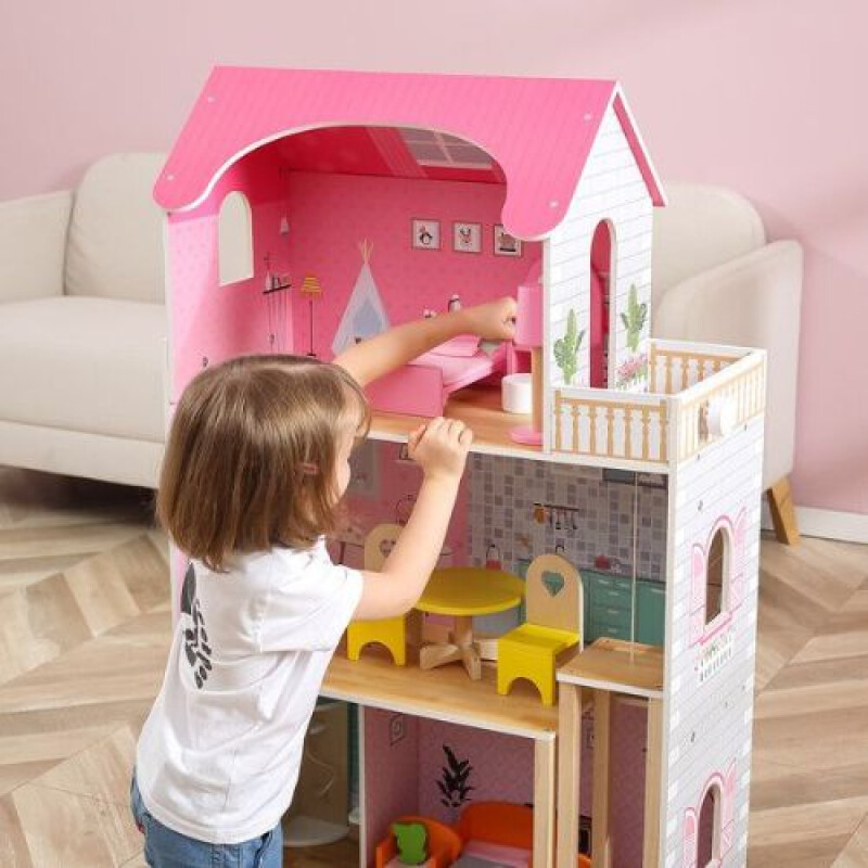 Casita de muñecas rosa- 3 plantas con accesorios Casita De Muñecas Rosa- 3 Plantas Con Accesorios
