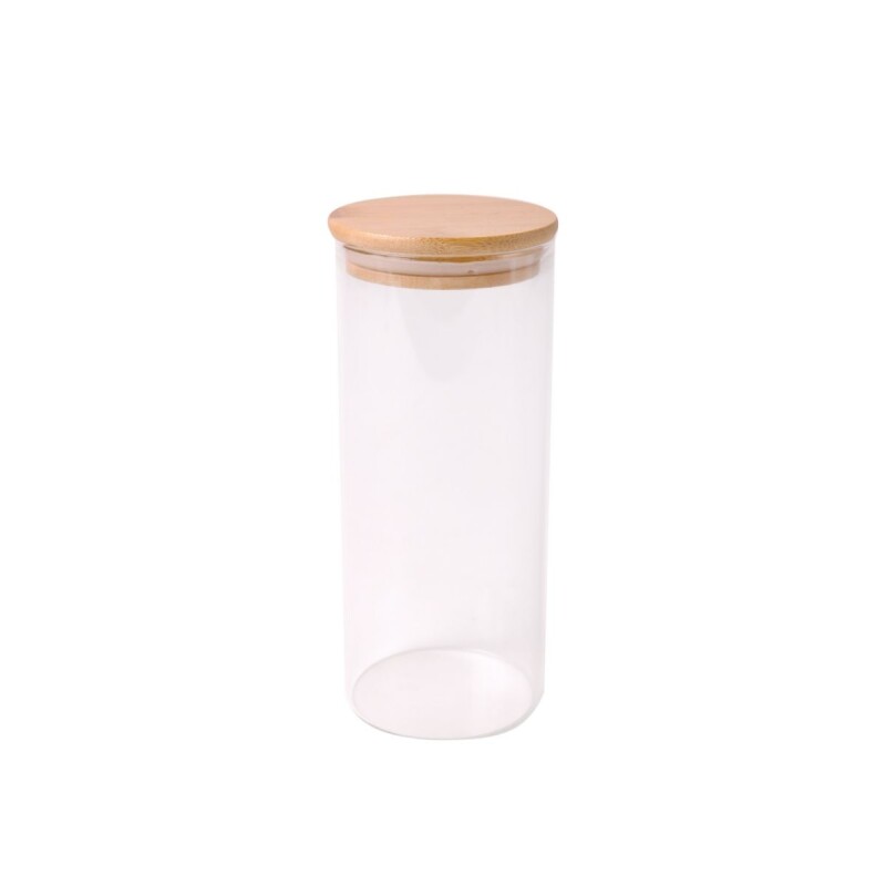 Frasco de vidrio con tapa de madera 8.5x20 cm Frasco De Vidrio Con Tapa De Madera 8.5x20 Cm