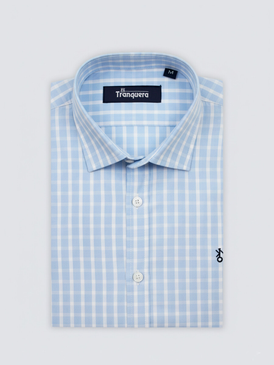 Camisa de Hombre Premium Cuello s/Botones - Cuadros Celestes 