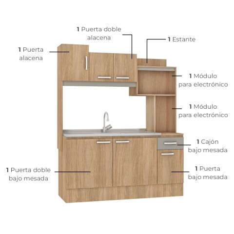 Kit de cocina compacta 6 puertas 1 cajón 150x50x190cm + Pileta Central Hormigón Celular Carvale / Cinza
