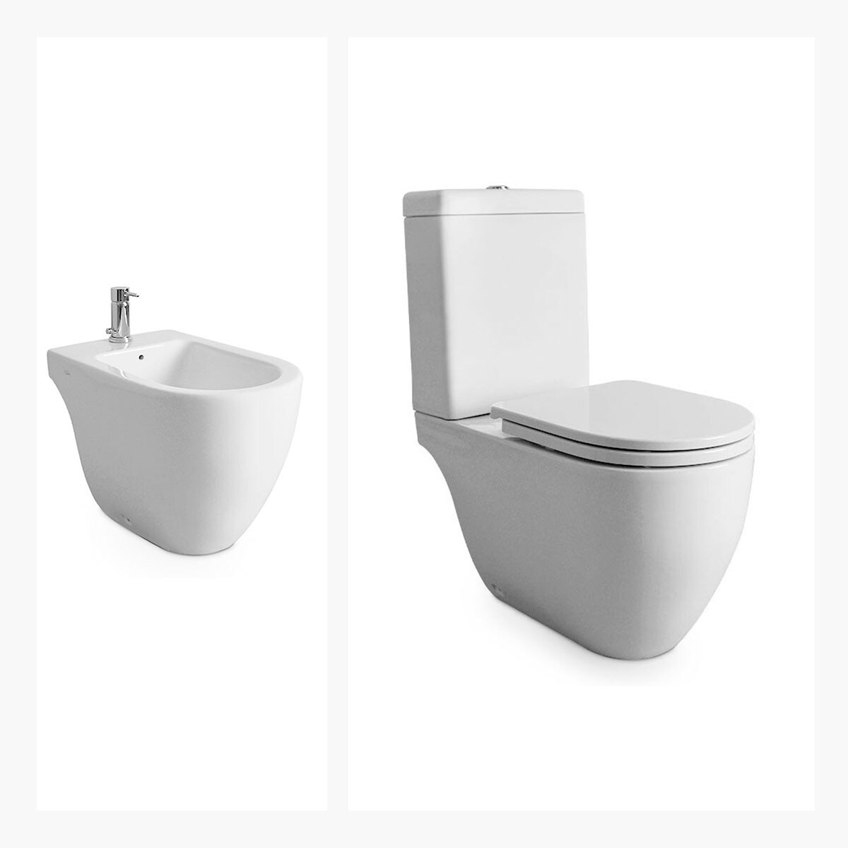 JUEGO DE INODORO CON MOCHILA TOUCHLESS Y BIDET INCLUYE TAPA MARCA FERRUM LINEA FONTANA - BLANCO 