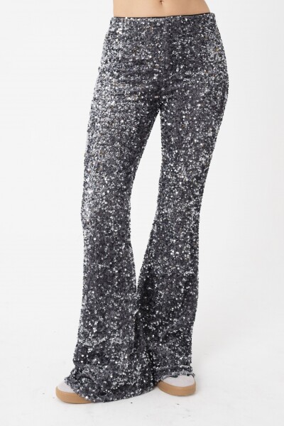 PANTALON FLARE DE LENTEJUELAS. Plata