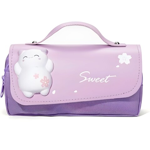 Cartuchera Escolar Kawaii Gatito 3D 2 Cierres Infantil Variante Color Violeta