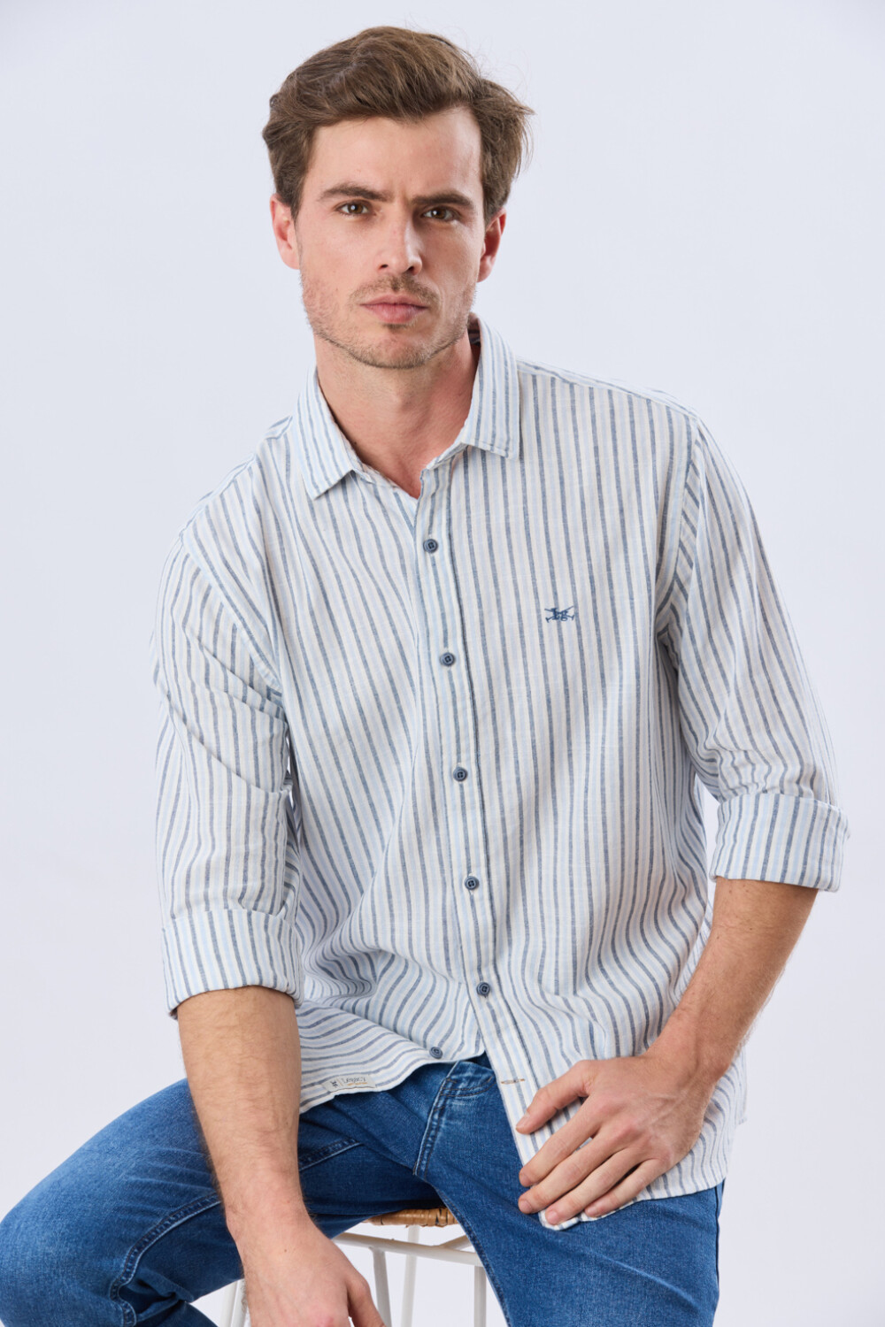 CAMISA RAYADA DE LINO Celeste